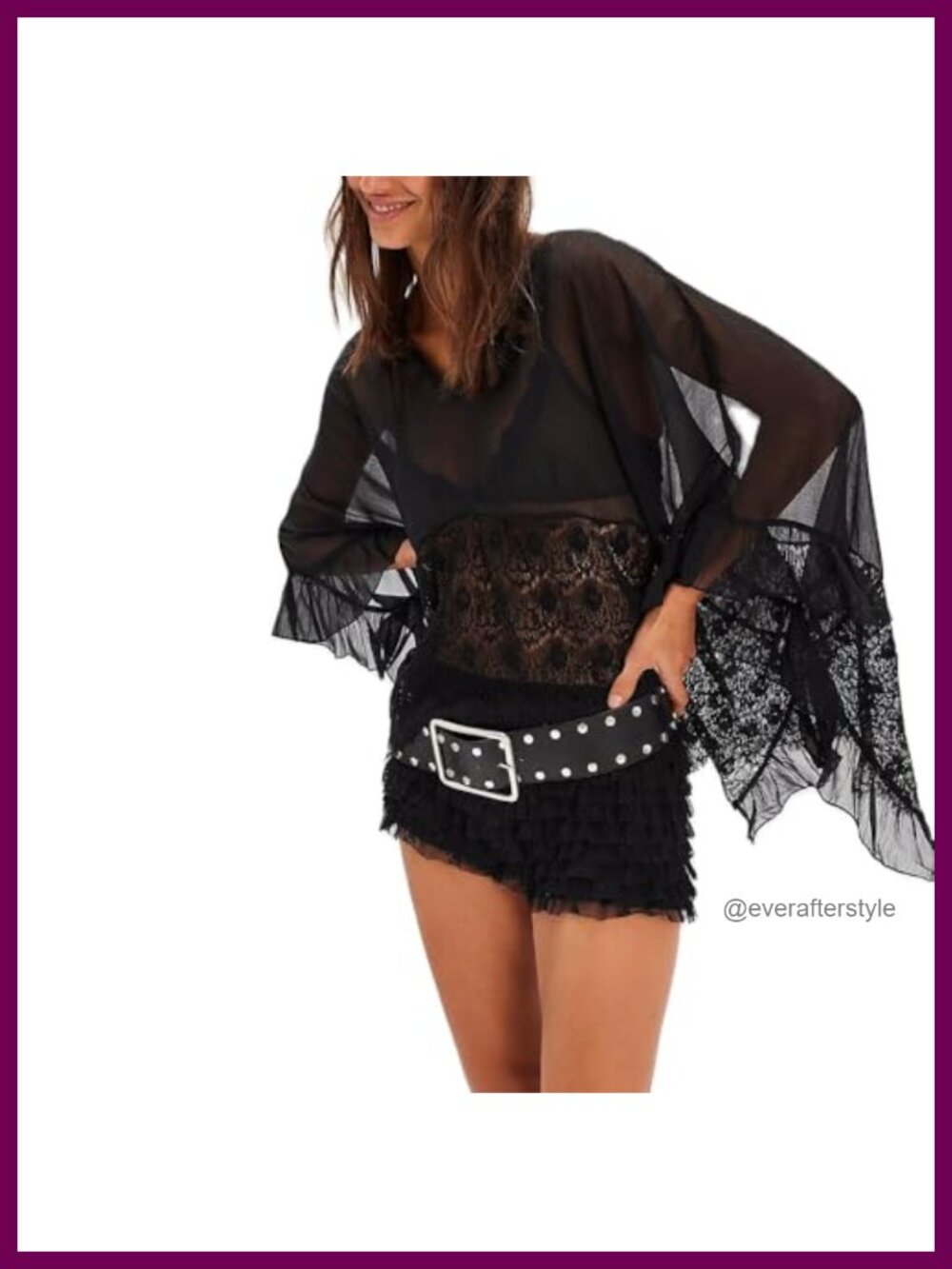 Sheer Lace Poncho Top Oversized V Neck Batwing Sleeve Mesh Cover Up